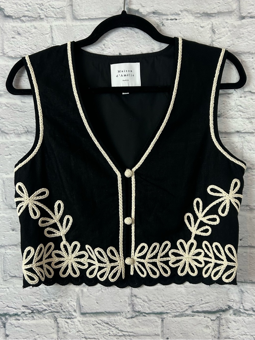 Maison d’Amélie Paris Black Linen Blend Embroidered Cropped Vest Size 6